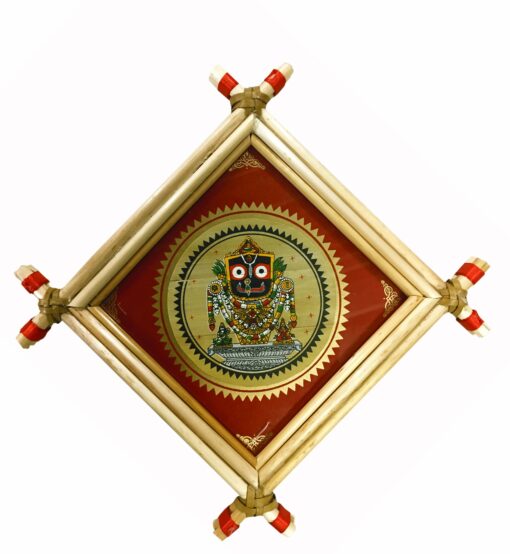 Lord Jagannath (Red Colour)  .  Size: 13cm*13cm : The Ancient Vedic Art of Transcending knowledge "Tala-Pata-Chitra" | Justkalinga.com.
