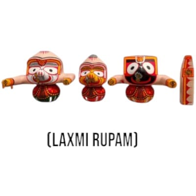 The idol depicts Shri Jagannath Mahaprabhu, but with some characteristics associated with Lakshmi, the goddess of prosperity. It's likely made from neem wood, a material considered sacred in Hinduism.