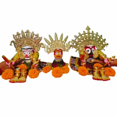 Lord Jagannath, Balabhadra, and Subhadra adorned with the Brass Suna Besha, replicating the grandeur of the Shri Mandir tradition.