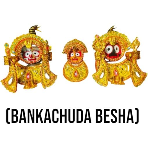 Bankachuda Besha for Lord Jagannath, Balabhadra, and Subhadra murtis, enhancing home altars and expressing devotion. Includes Nirmalya Mahaprasadam and Sanjua.