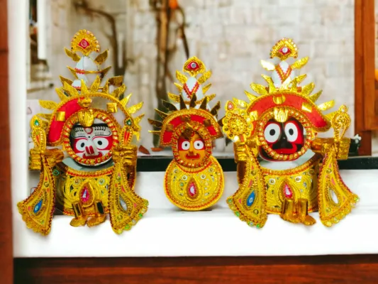 Harihara Besha placed on a Lord Balabhadra murti, enhancing a home altar with a symbolic and traditional attire.