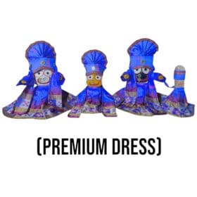 Blue colored premium dress set of Shri Jagannath Mahaprabhu with Mukut (15 pcs), made of hand-carved silk pata cloth. Available in different sizes. Sources and related content