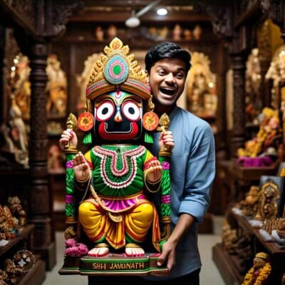 a boy is holding jagannath idol blissfully for his home