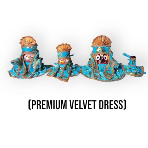 14-piece red velvet dress set for Lord Jagannath, Balabhadra, and Subhadra deities.